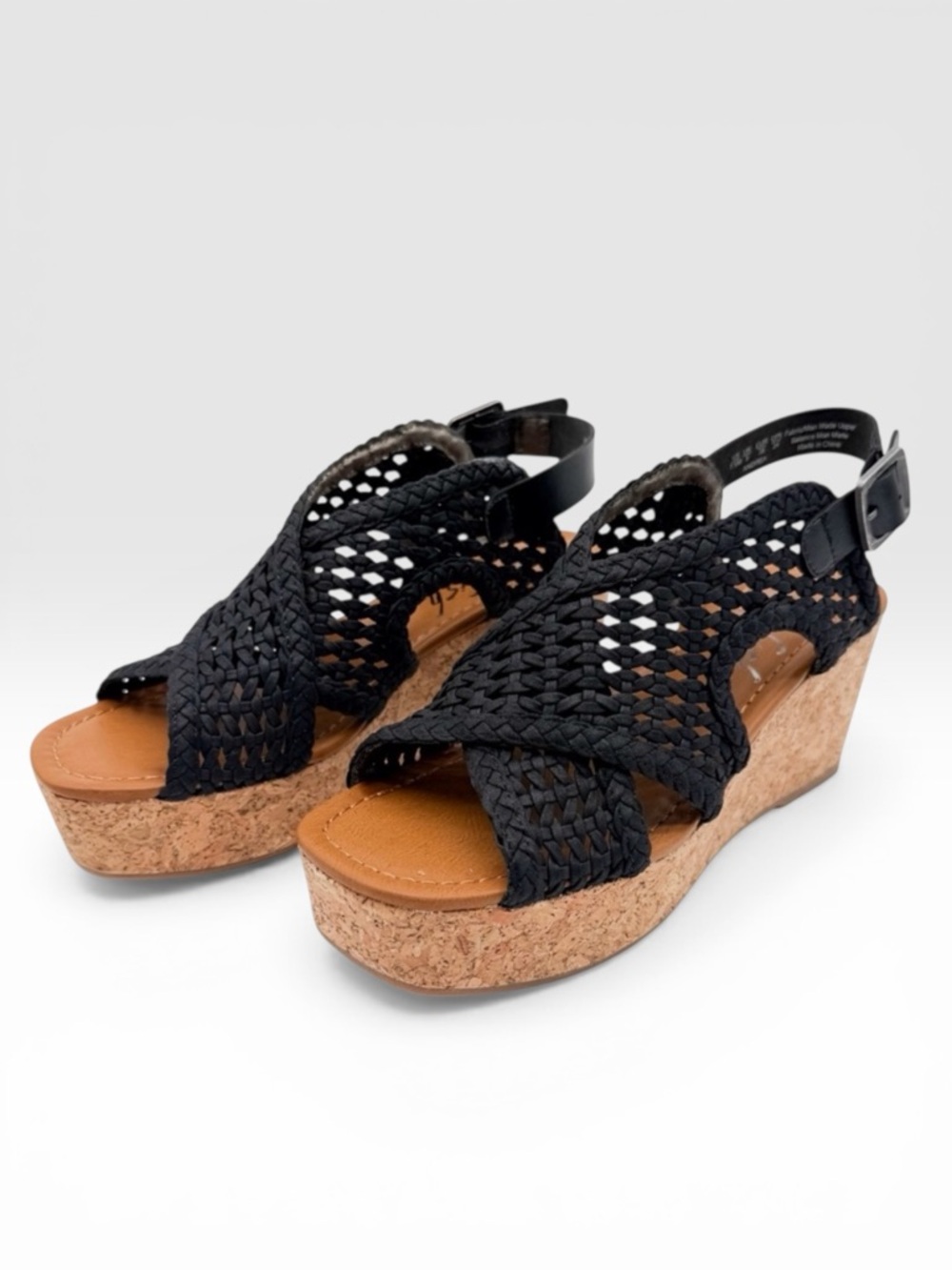 Blowfish Malibu Andrea Woven Platform Wedge Sandals Ankle Strap Black 7.5 NEW